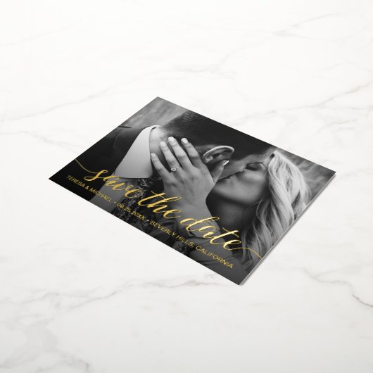 Modern Bewaar de datum Foto Bruiloft Echt Goud Folie Uitnodiging Briefkaart (Gedraaid)