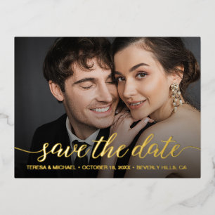 Modern Bewaar de datum Foto Wedding Gold Folie Uitnodiging Briefkaart