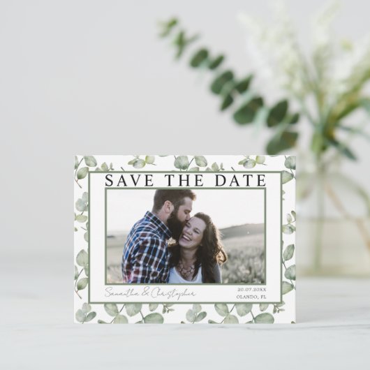 Modern Bewaar de datum Groene Eucalyptus & Foto Briefkaart (Staand voorkant)