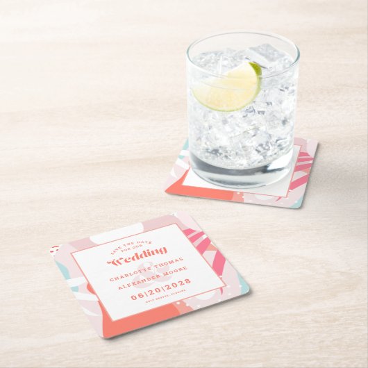 Modern Bewaar de datum Huwelijkspatroon Koraal Bla Kartonnen Onderzetters (Insitu)