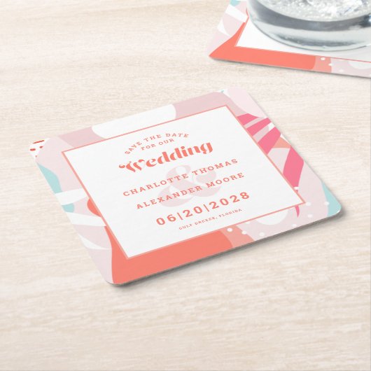 Modern Bewaar de datum Huwelijkspatroon Koraal Bla Kartonnen Onderzetters (Schuin)