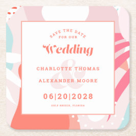 Modern Bewaar de datum Huwelijkspatroon Koraal Bla Kartonnen Onderzetters