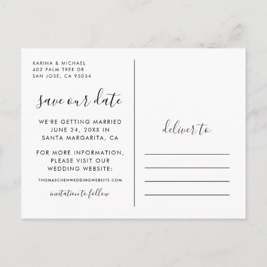 Modern Bewaar onze datum Handgeschreven Script Fot Aankondigingskaart (Achterkant)