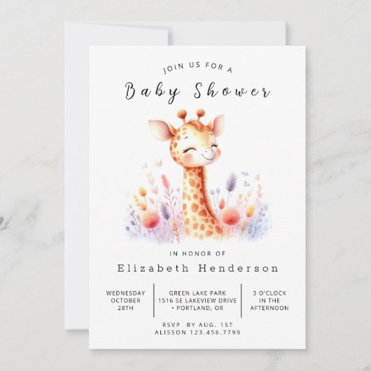 Modern bewerkbaar Giraffe Baby shower Kaart (Voorkant)