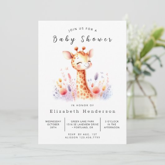 Modern bewerkbaar Giraffe Baby shower Kaart (Staand voorkant)