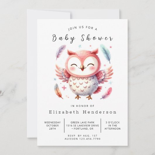 Modern bewerkbaar Uil Baby shower Kaart (Voorkant)