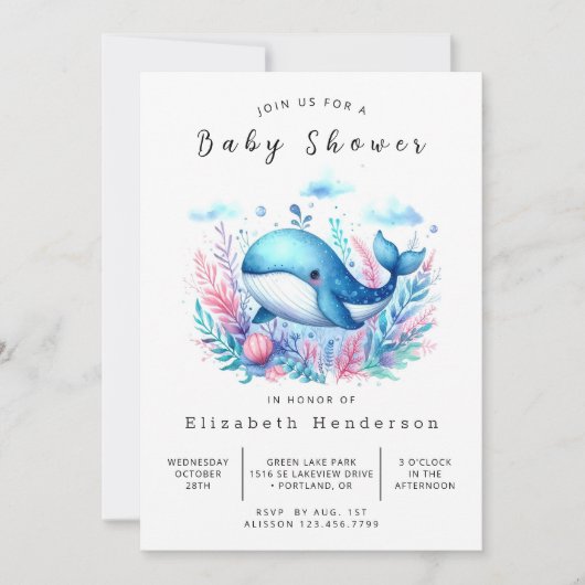 Modern bewerkbaar walvis Baby shower Kaart (Voorkant)