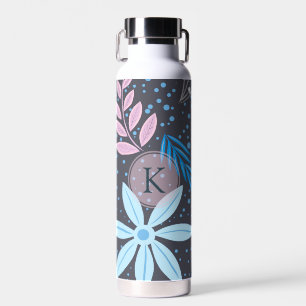 Modern Big Blue Flower Pattern roze Monogram Waterfles