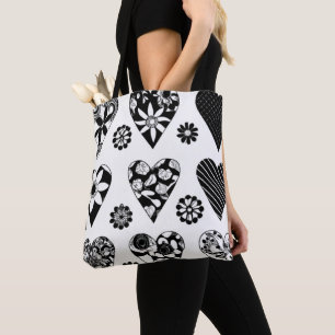 Modern Big Hearts & Flowers Black & White Tote Bag