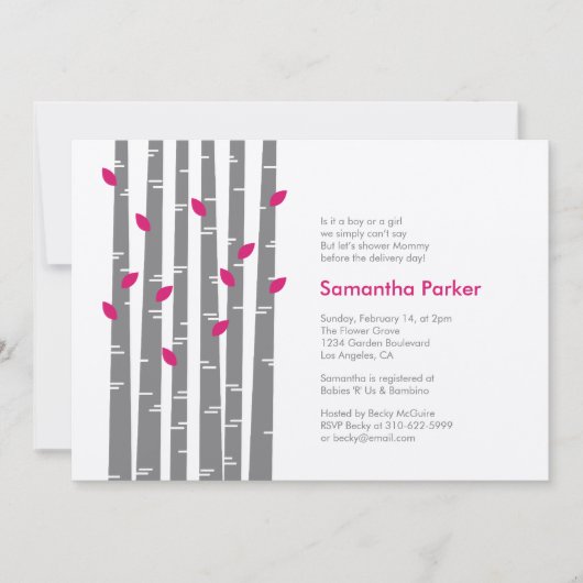 Modern Birch - Fuchsia Baby shower Invitation Kaart (Voorkant)