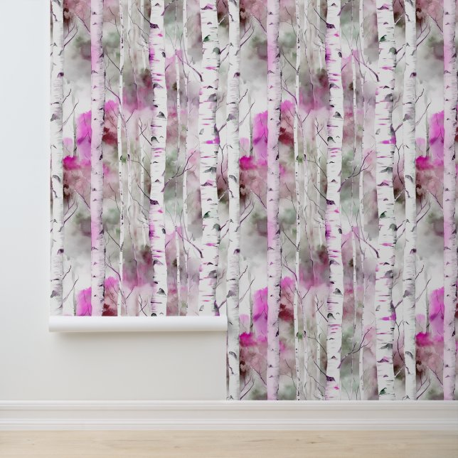Modern birch on pink behang (Applicatie)