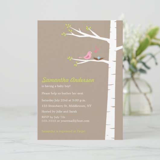 Modern Bird Birch Baby shower Invitation - Boy Kaart (Staand voorkant)