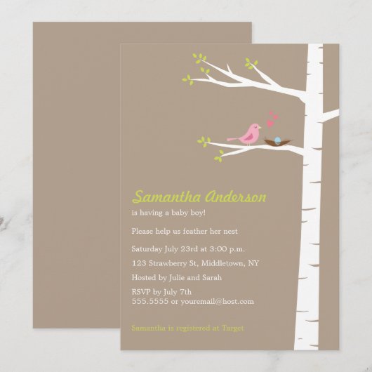 Modern Bird Birch Baby shower Invitation - Boy Kaart (Voorkant / Achterkant)