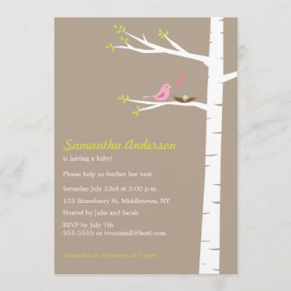 Modern Bird Birch Baby shower Invitation Neutral Kaart