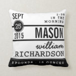 Modern Birth Baby Boy Personalized Nursery Pillow Kussen<br><div class="desc">Een modern typografische ontwerp dat lettertypen en vettige stijl combineert met een hedendaagse opname van de geboorte van baby's in zwart-wit. Het coördineren zwart-wit willekeurig puntpatroon op de rug.</div>