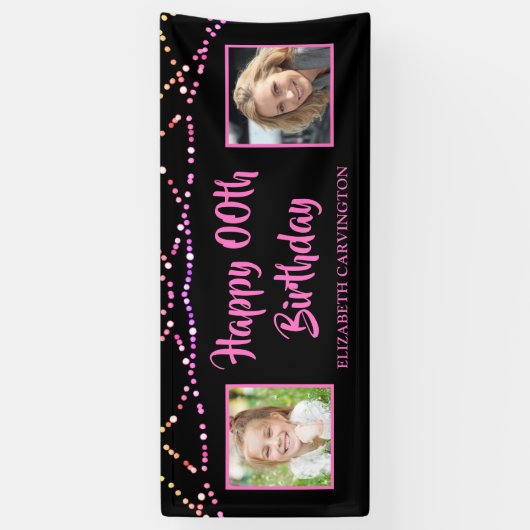 Modern Birthday Black Roze String Lichten 2 Foto's Spandoek (Verticaal)