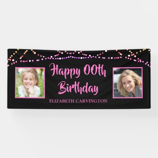 Modern Birthday Black Roze String Lichten 2 Foto's Spandoek (Horizontaal)