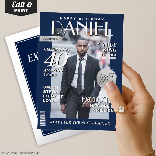 Modern Birthday Custom Magazine Hoesje, Portret Folie Uitnodiging