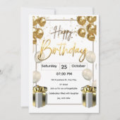 Modern Birthday Invitation Card with Golden Balloo Kaart (Voorkant)