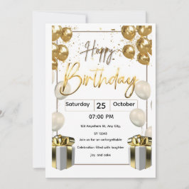 Modern Birthday Invitation Card with Golden Balloo Kaart