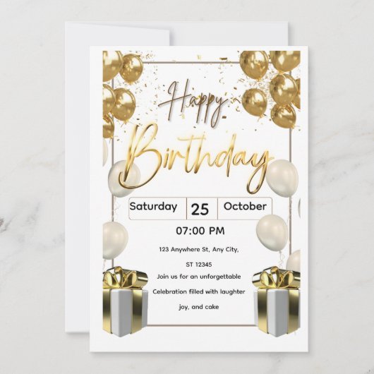 Modern Birthday Invitation Card with Golden Balloo Kaart (Voorkant)
