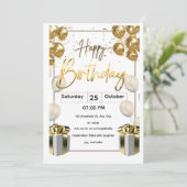 Modern Birthday Invitation Card with Golden Balloo Kaart (Staand voorkant)