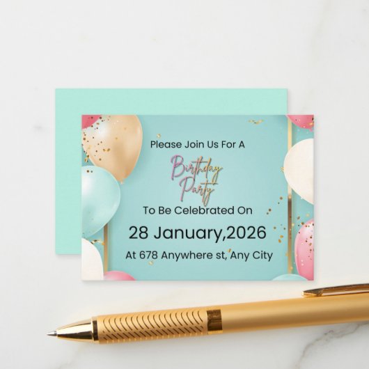  Modern Birthday Party Invitation || Customizable  Informatiekaartje (Voorkant / Achterkant in situ)