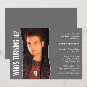 Modern Birthday Party Photo Invitation Dark Grey Kaart