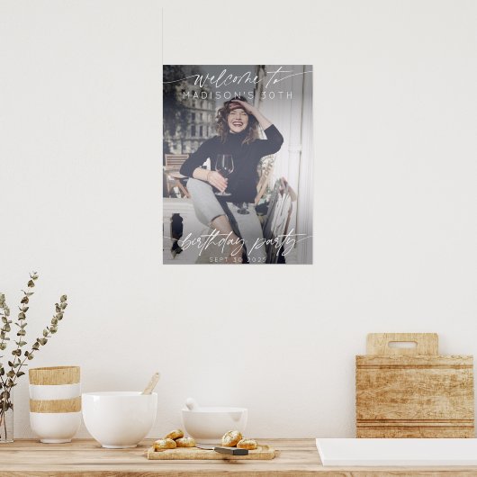 Modern Birthday Party Photo Welcome Elegant Script Poster (Keuken)