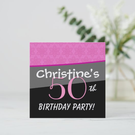 Modern Birthday Pink en Black Flower Star Pattern Kaart (Staand voorkant)