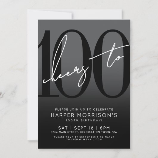 Modern Black 100ste verjaardag uitnodiging (Voorkant)