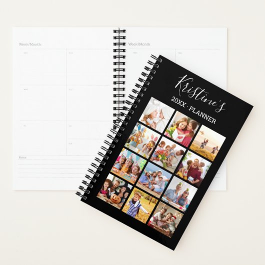 Modern Black 12 Photo Collage White Script 2024 Planner (Display)