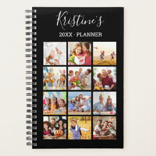 Modern Black 12 Photo Collage White Script 2024 Planner