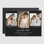 Modern Black 3 foto bruiloft Bewaar de datum Magnetische Uitnodiging (Voorkant / Achterkant)