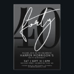 Modern Black 40th Birthday Party Invitation Kaart<br><div class="desc">Celebrate forty years in style with this modern gray to black gradient 40th birthday party invitation. The design features a large black "40" across most of the card, with a handwritten script-style white "Forty" layered over it for a bold, contemporary look. The party details sit neatly at the bottom in...</div>