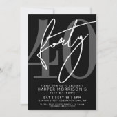 Modern Black 40th Birthday Party Invitation Kaart (Voorkant)