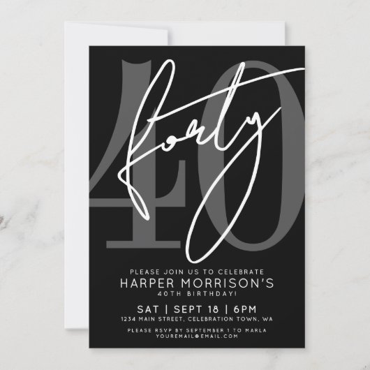 Modern Black 40th Birthday Party Invitation Kaart (Voorkant)
