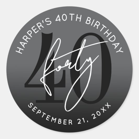 Modern Black 40th Birthday Party Ronde Sticker (Voorkant)
