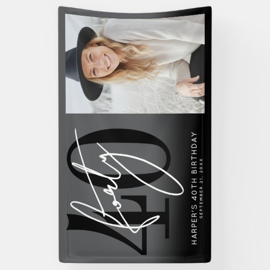 Modern Black 40th Birthday Party Spandoek (Verticaal)