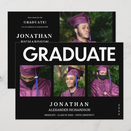 Modern Black 4 Foto Afstuderen Aankondiging 3M (Voorkant / Achterkant)