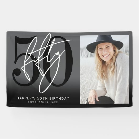 Modern Black 50th Birthday Party Spandoek (Horizontaal)