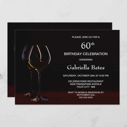 Modern Black 60th Birthday Wine Glass Party Kaart (Voorkant / Achterkant)