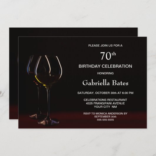 Modern Black 70th Birthday Wine Glass Party Kaart (Voorkant / Achterkant)