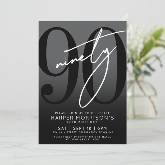 Modern Black 90ste verjaardag uitnodiging (Staand voorkant)