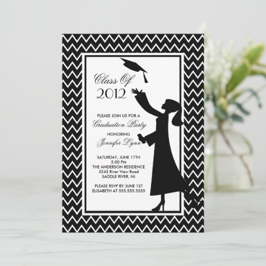 Modern Black Afstuderen Invitation Silhouette Afst Kaart (Staand voorkant)