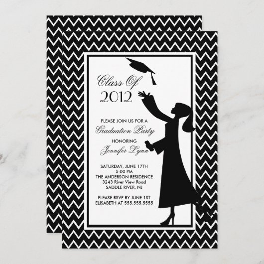 Modern Black Afstuderen Invitation Silhouette Afst Kaart (Voorkant / Achterkant)