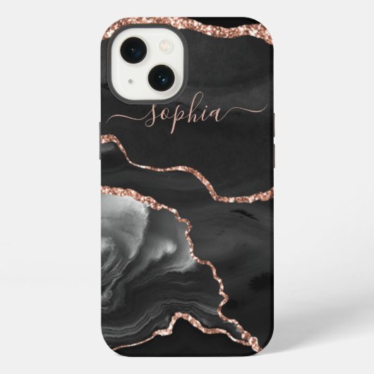 Modern Black Agate en Faux Roos Gold iPhone Hoesje (Achterkant)