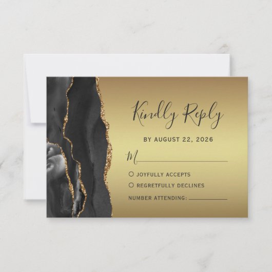 Modern Black Agate Gold Glam Wedding RSVP Kaartje (Voorkant)