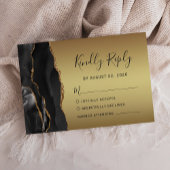 Modern Black Agate Gold Glam Wedding RSVP Kaartje