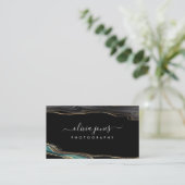 Modern Black Agate Gold Glitter Signature Script Visitekaartje (Staand voorkant)